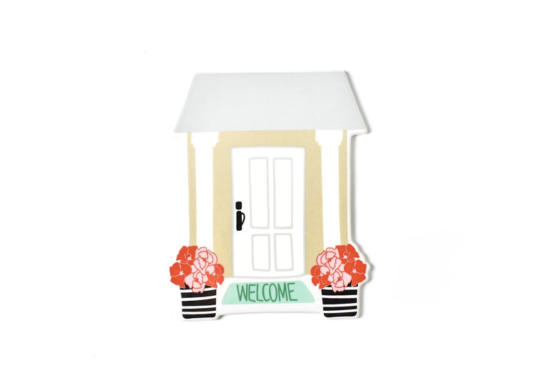 Ceramic house-shaped attachment with a white door, pink flowers, and a green 'WELCOME' mat.