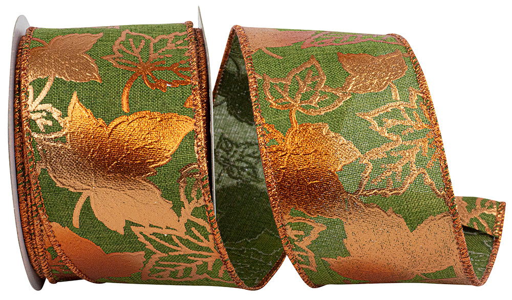 Leaves Raised Metalic Linen Wired Edge Ribbon