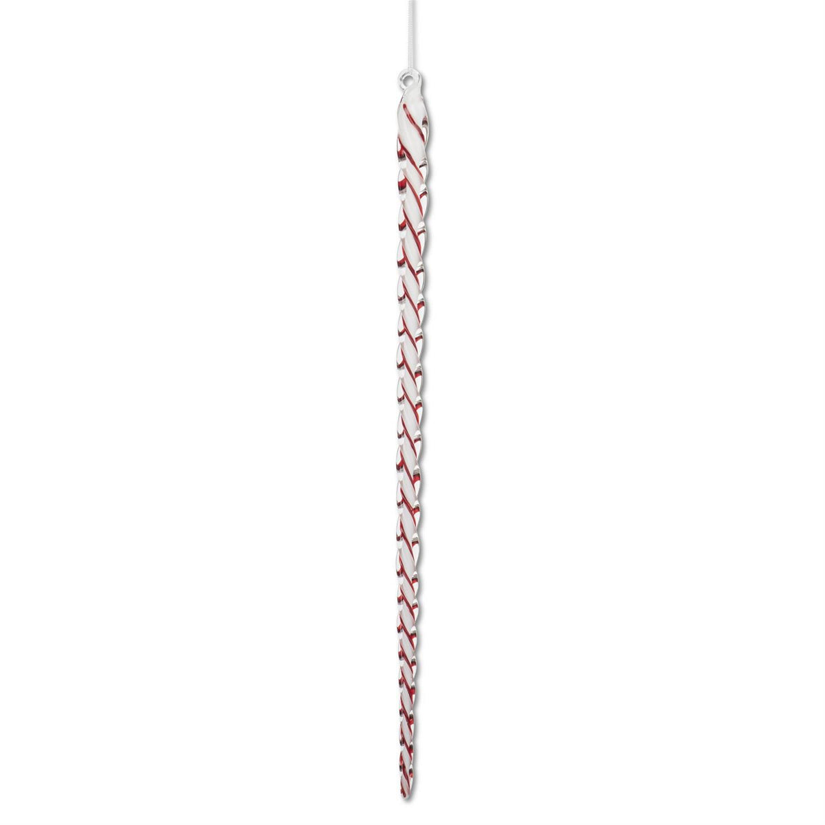 White and red spiral glass icicle ornament hanging from a white string.