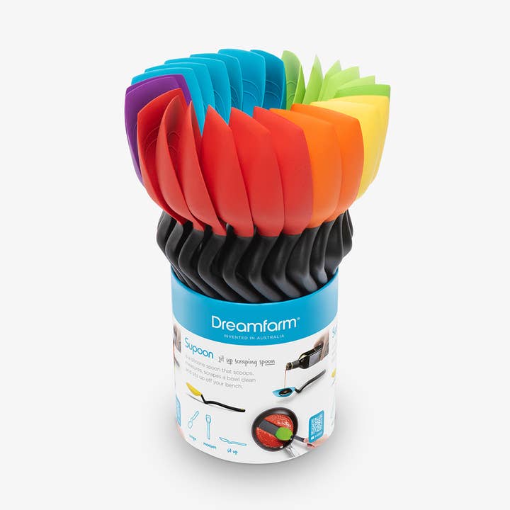 A colorful display of Supoon silicone scraping spoons in a Dreamfarm branded container.