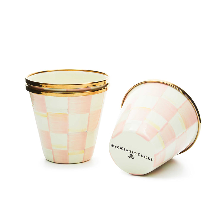 Hand-painted Rosy Check herb pot with a bronzed stainless steel rim and Mackenzie-Childs logo.