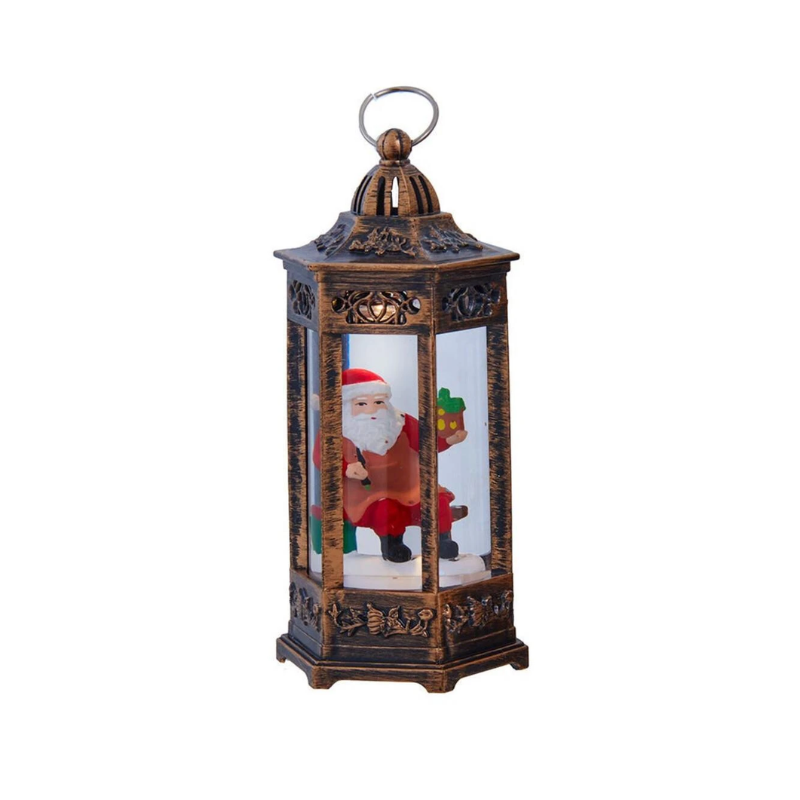 Bronze-finished LED lantern featuring a Santa Claus figurine inside with a warm glowing light.