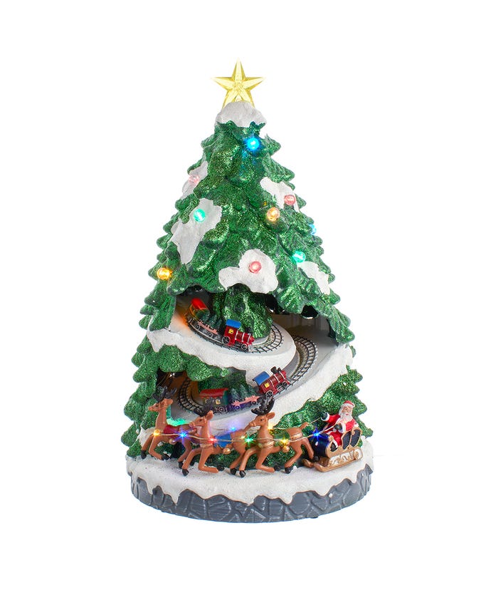 Lighted musical Christmas tree with a gold star, moving train on tracks, and Santa in his sleigh.