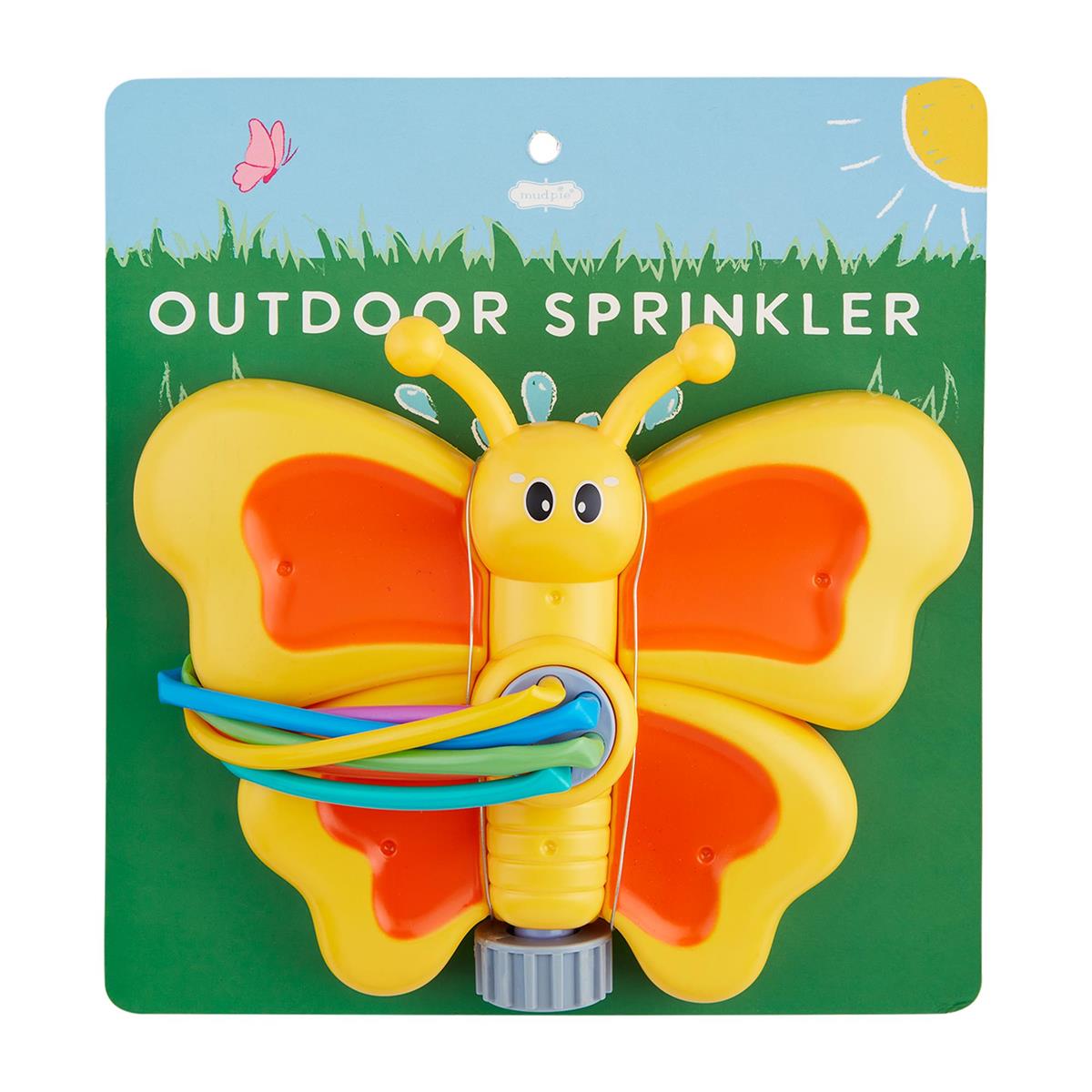 Plastic butterfly-shaped sprinkler with a colorful winged silhouette.