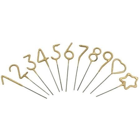 Mini gold sparkler with a twisted wire handle designed as a festive cake topper.