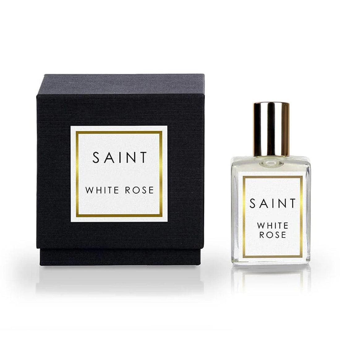 Saint White Rose 15 ML roll-on perfume bottle next to its black square packaging box.