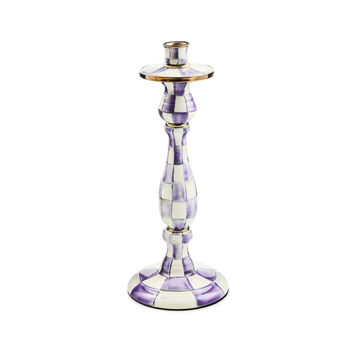Hand-painted checkered enameled steel candlestick with bronzed stainless rim and brass accents.