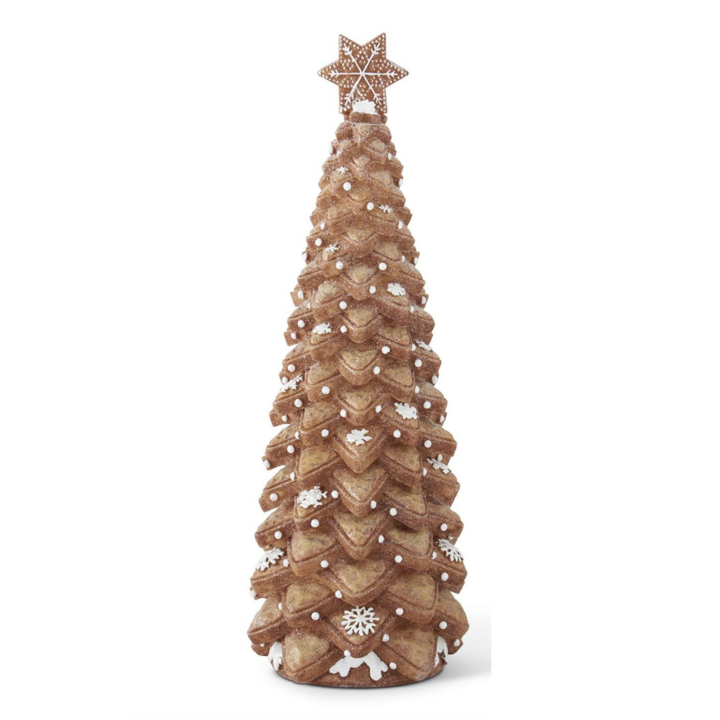 Glittered resin gingerbread cookie tree with white snowflake accents and a star topper.