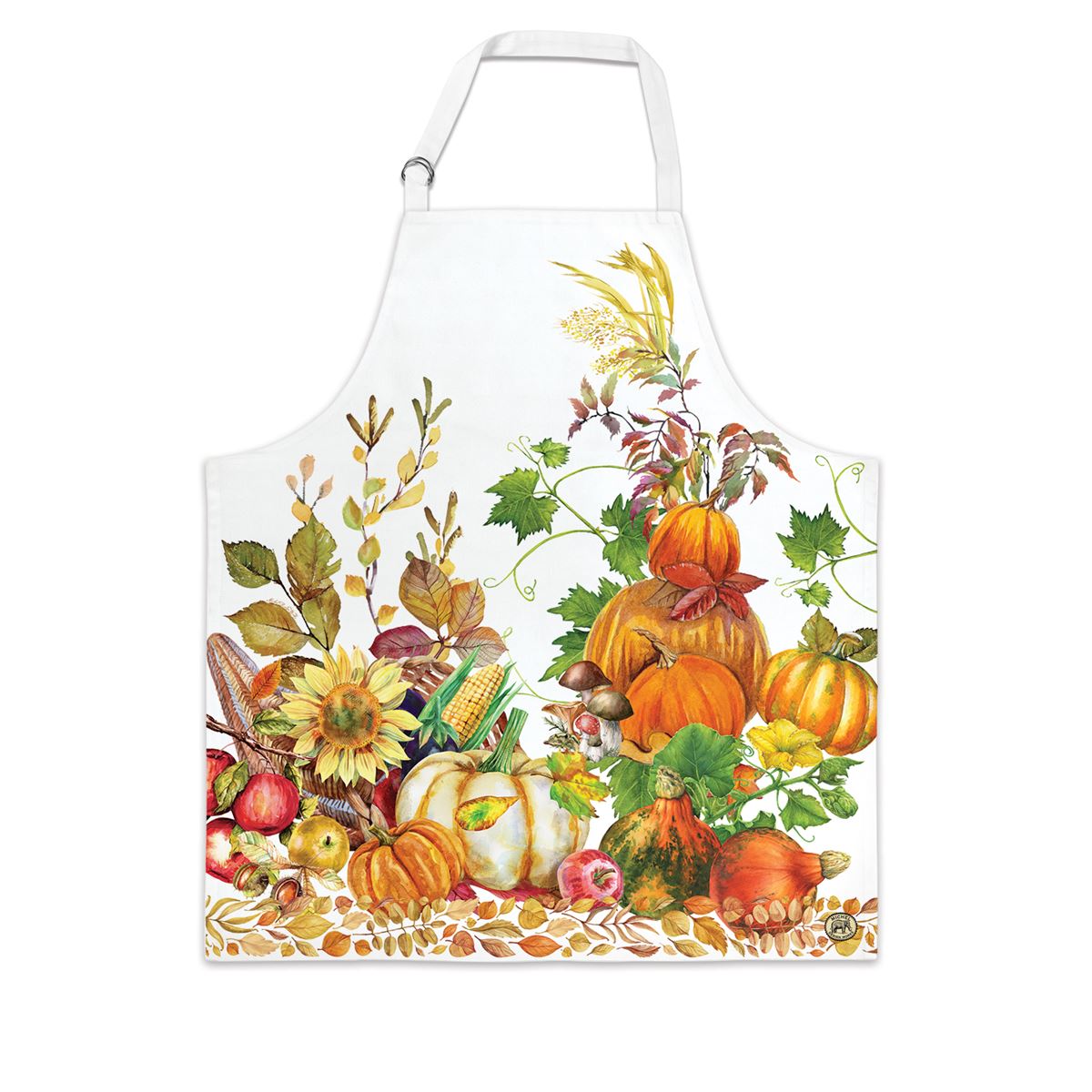 White cotton chef apron with adjustable neck strap and double D-rings.