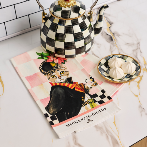Miss Kitty Printed Dish Towel featuring a cat in a tuxedo next to a checkered tea kettle.