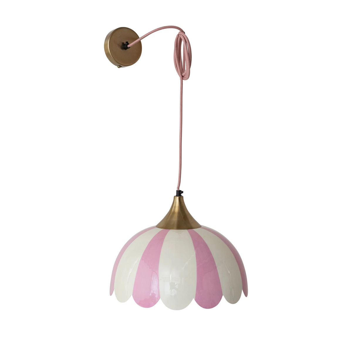 Round enameled metal pendant lamp with scalloped striped pattern in iron