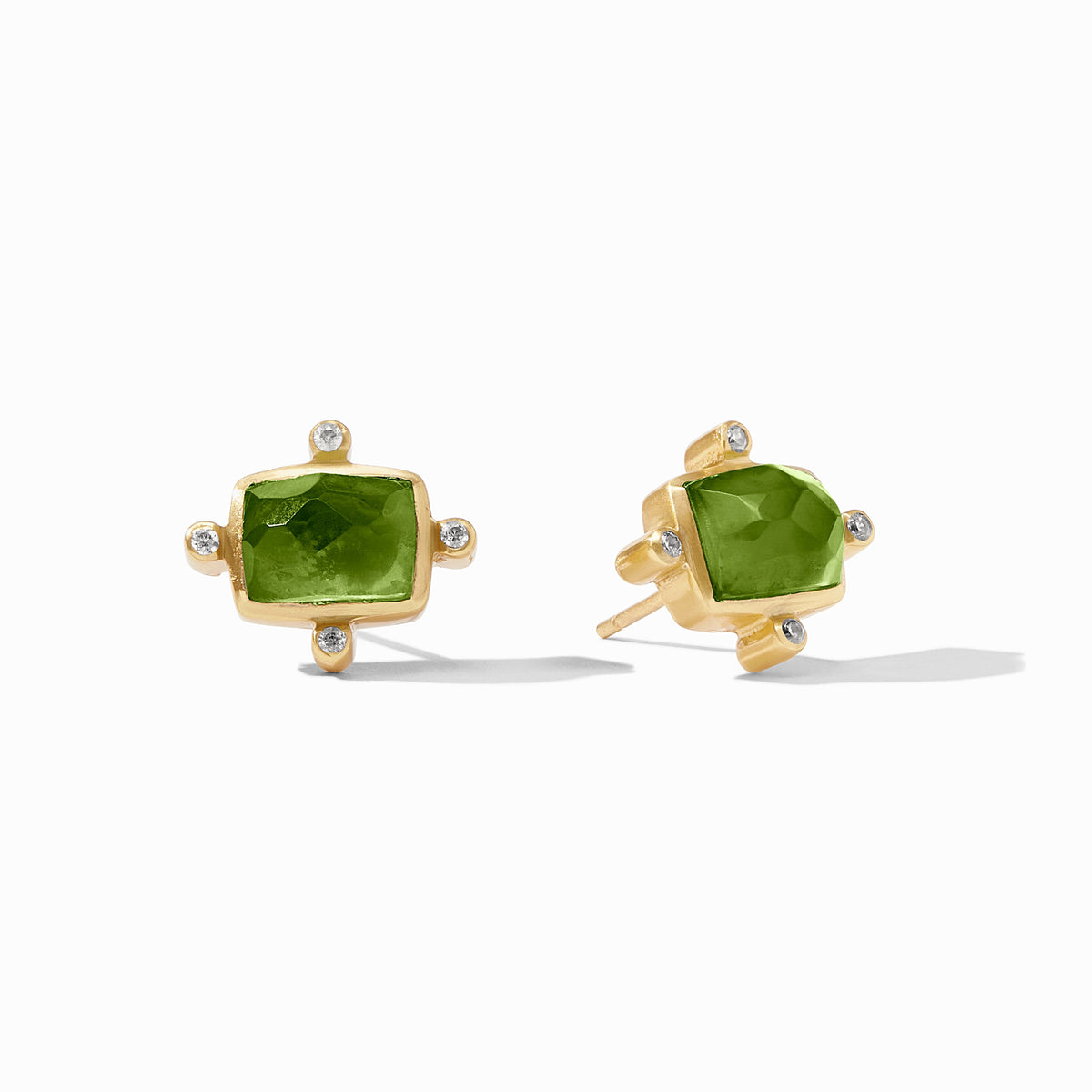 Clara Stud Gold earring with mother-of-pearl center, cubic zirconia accents, and a 0.5-inch gold-plated post.