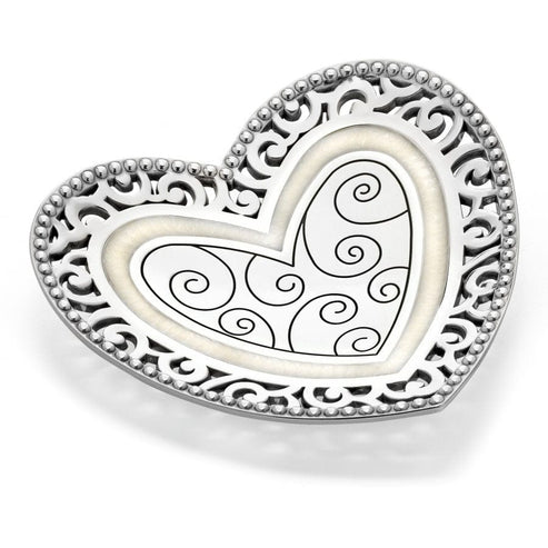 Heart-shaped silver-plated Lacie Daisy Trinket Tray with inner swirls and a pierced border.