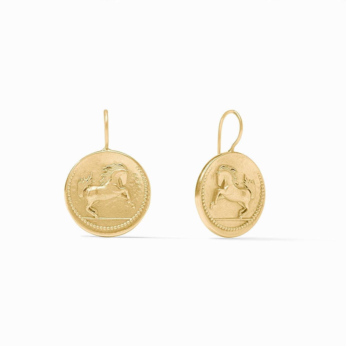 Gold plated medallion earring featuring a prancing horse in bas relief with granulation detail