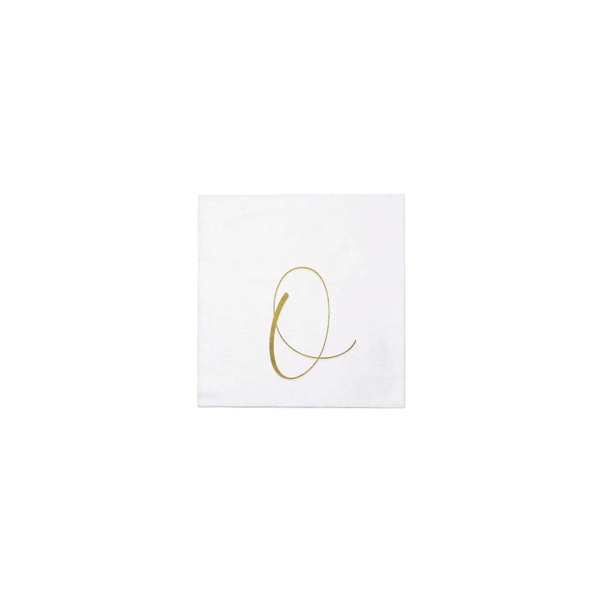 White Papersoft cocktail napkin featuring a gold script monogram letter Q.