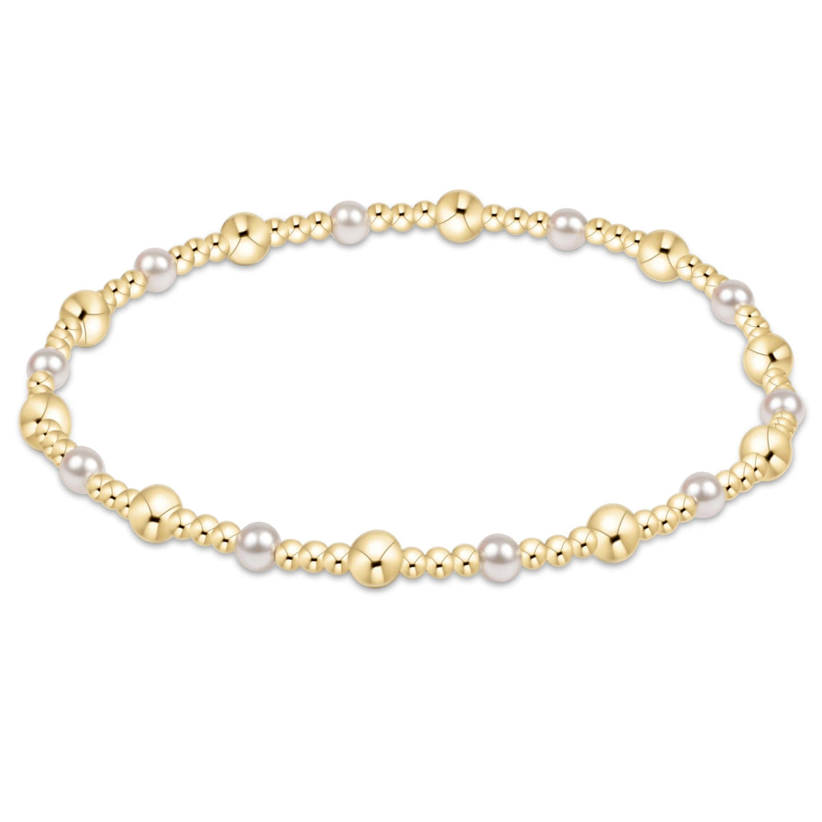 Classic gold-filled bead bracelet with 4mm crystal pearls and 2mm-3mm gold beads on elastic.