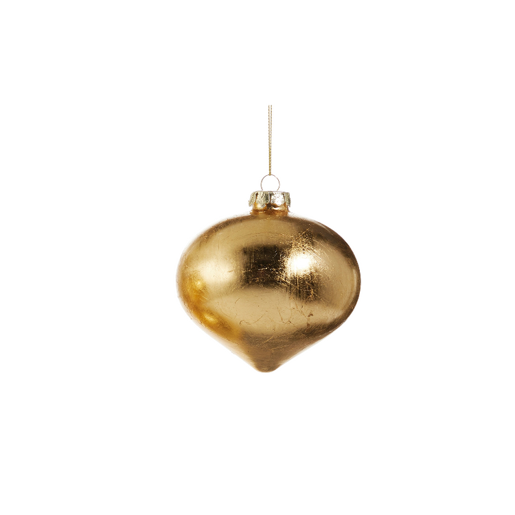 Gold leaf glass ornament with a shimmering foil finish and teardrop shape.