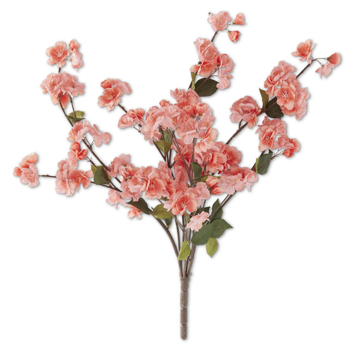 Artificial coral peach blossom bush with wire structure in a decorative pot