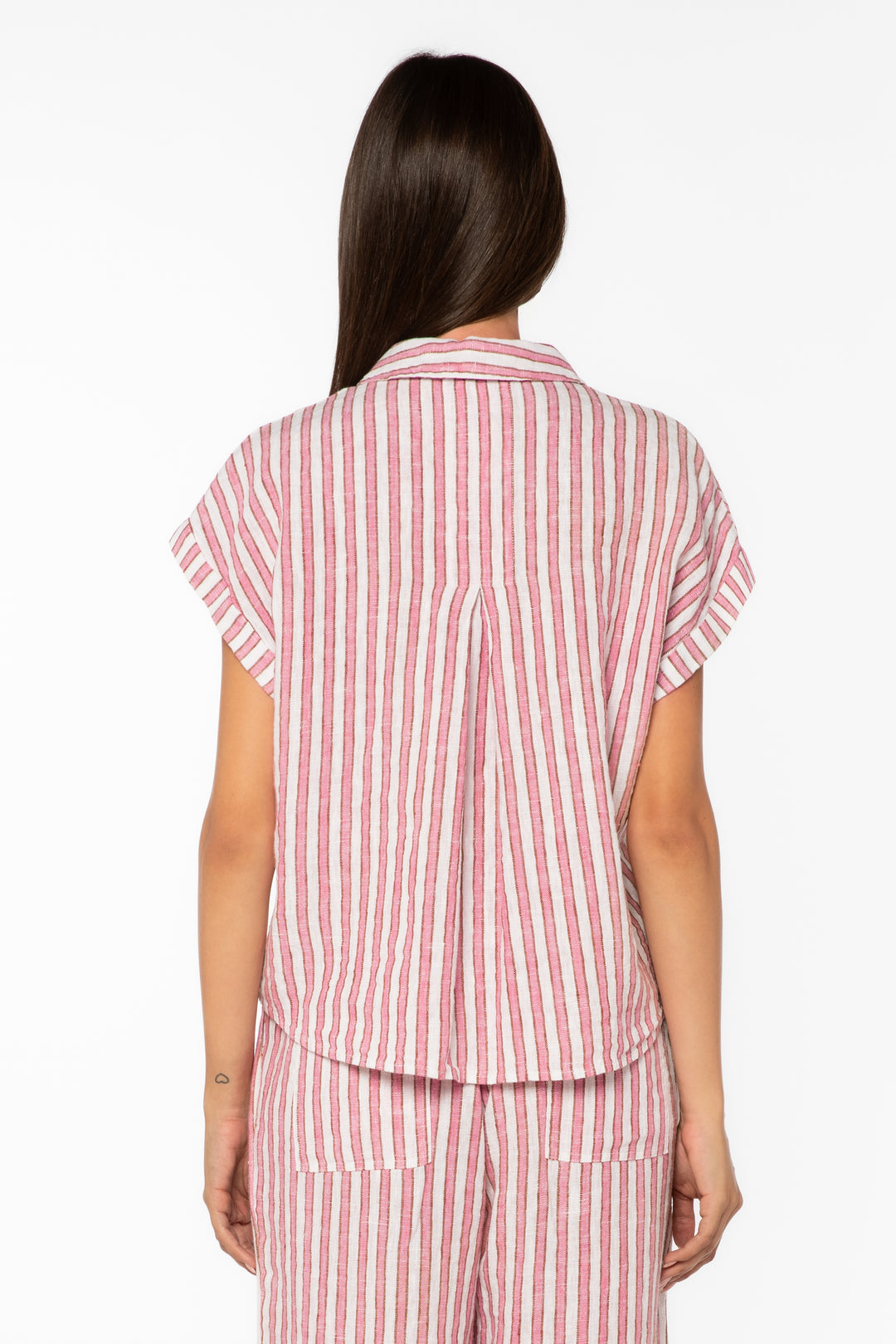 Kirsty striped linen-viscose top with collar, chest pocket, short cuffed sleeves in light neutral tone.