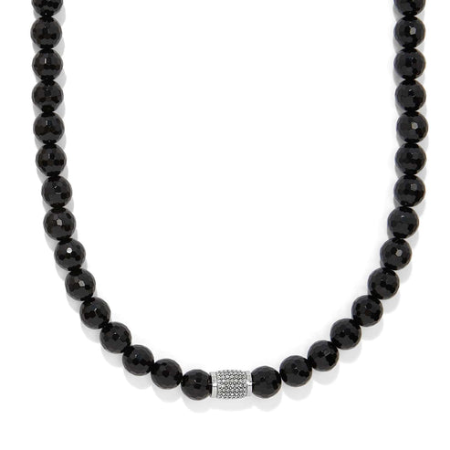 Meridian Solis necklace featuring faceted black onyx beads and a silver-plated crystal-encrusted bar.