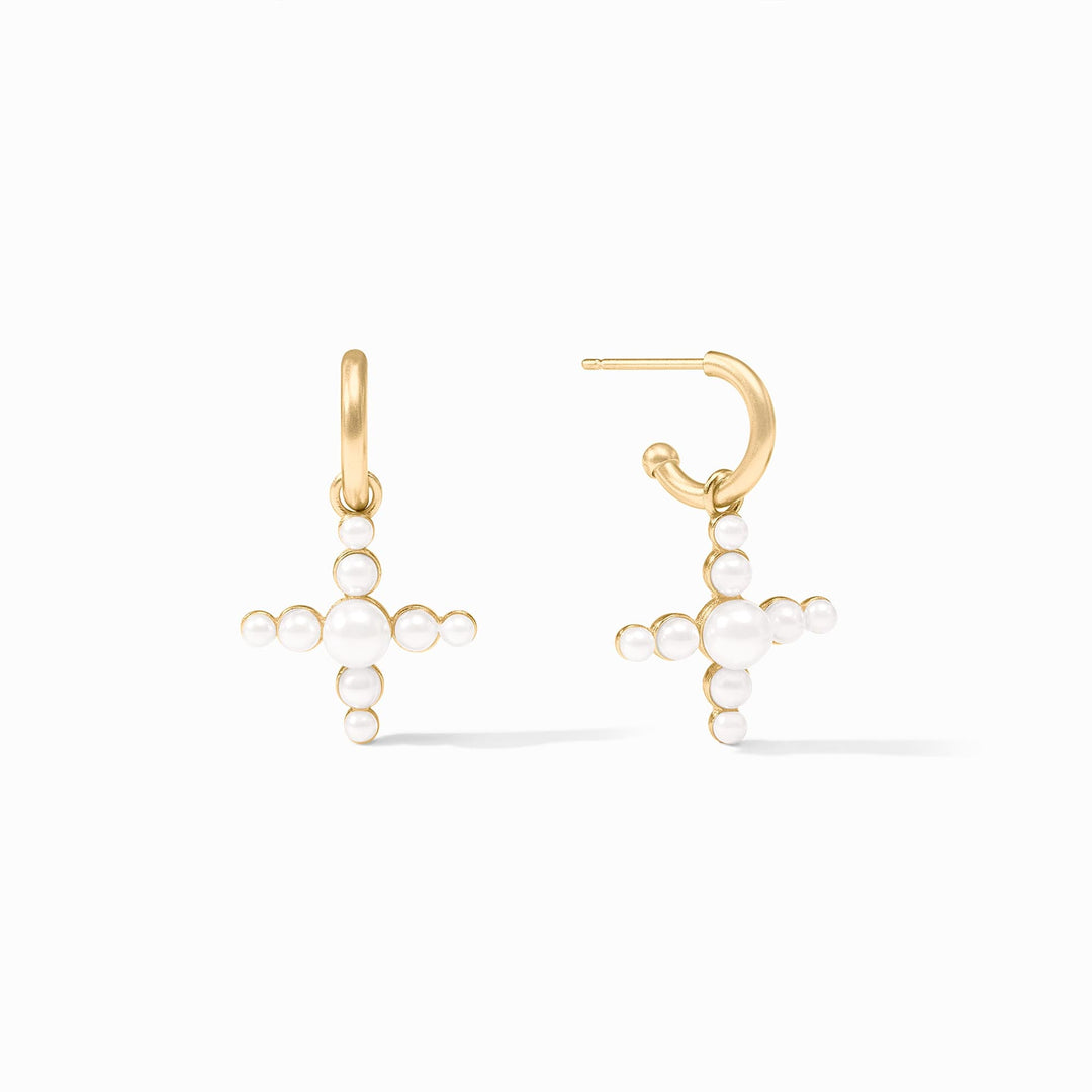 Gumdrop Cross Hoop & Charm Earrings in 24K gold plate with white reconstituted stone pearls.