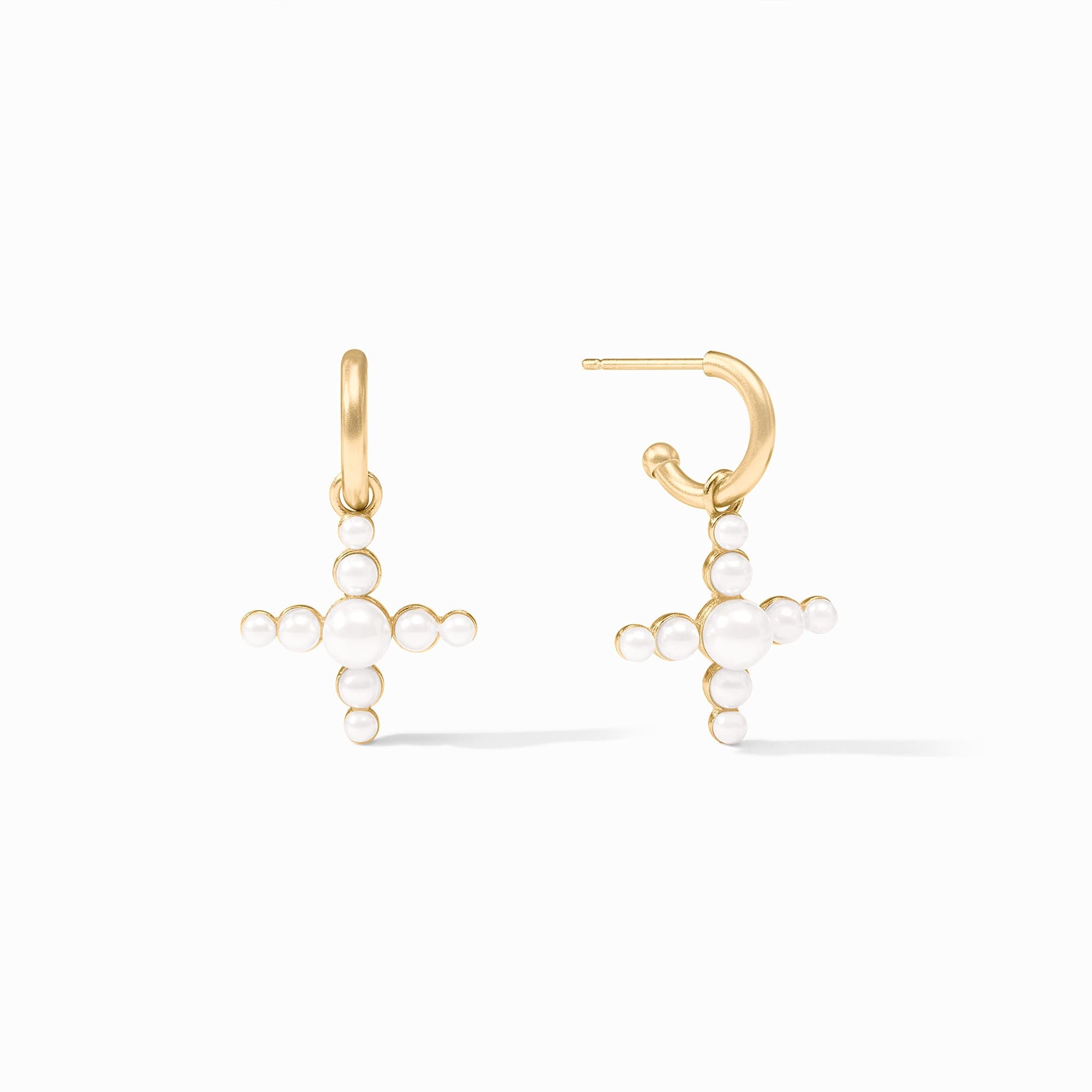 Gumdrop Cross Hoop & Charm Earrings in 24K gold plate with white reconstituted stone pearls.