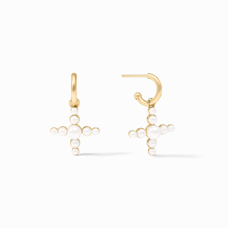 Gumdrop Cross Hoop & Charm Earrings in 24K gold plate with white reconstituted stone pearls.