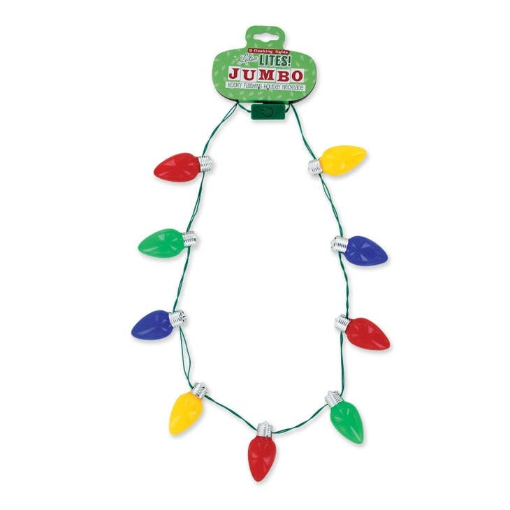 Oversized jumbo light bulb necklace with nine bright colored flashing lights in three modes.