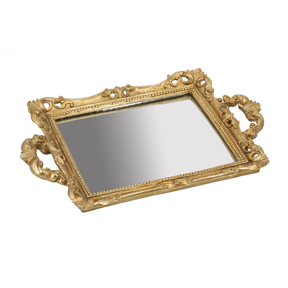 Small rectangular mirror tray with ornate gold-finished frame and decorative side handles.