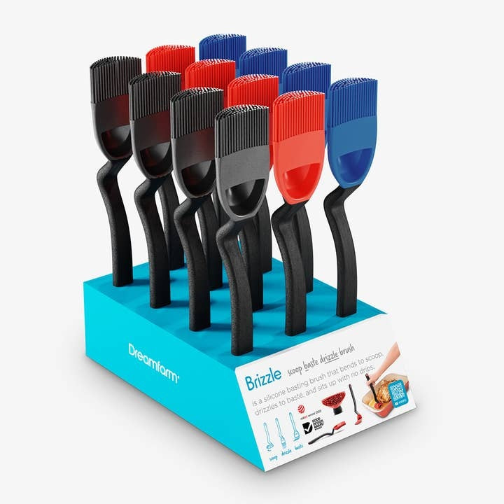 Brizzle silicone basting brush with flexible head, weighted handle, and four internal holes in black.
