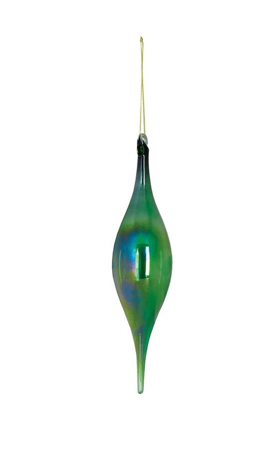 Green iridescent glass finial ornament with a long pointed bottom and gold hanging string.