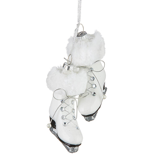 Pair of white glass ice skate ornaments with white faux fur trim and silver glitter blades.