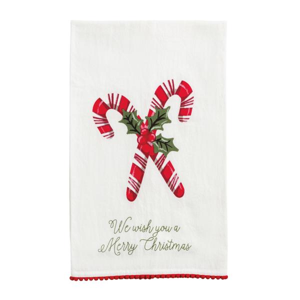 White cotton hand towel with candy canes, holly, and 'We wish you a Merry Christmas' text.