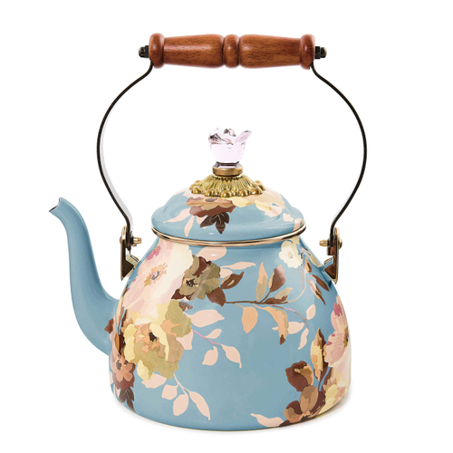 2 Quart Tea Kettle with blue floral enamel finish, wooden handle, and glass knob.