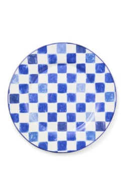 Round ceramic platter featuring a hand-painted blue and white checkerboard pattern.