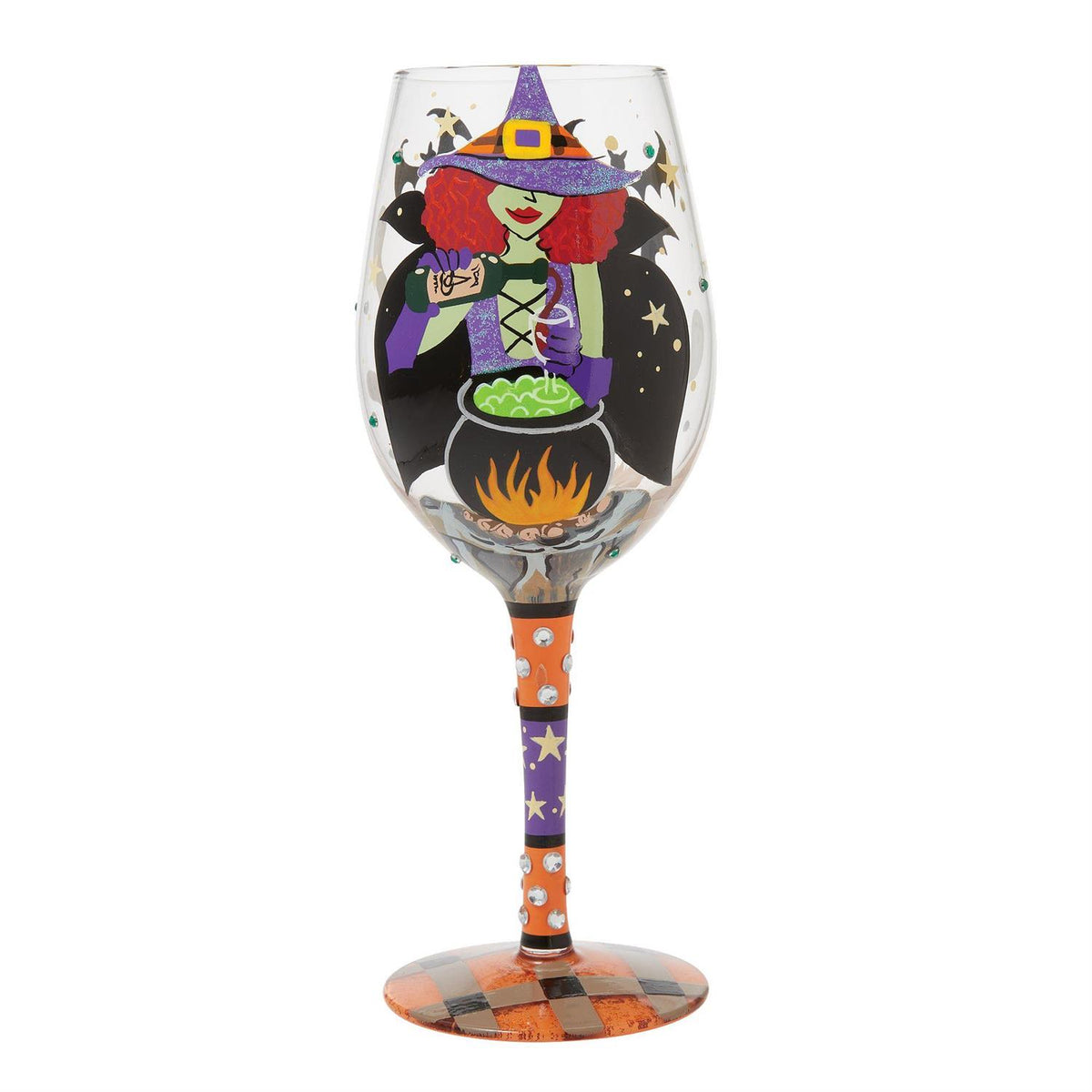 Blown glass wine glass with hand-painted colorful cocktail recipe base and glitter accents.