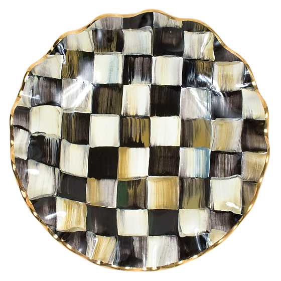 Courtly Check Ceramic Fluted Dessert Plate with hand-painted black and white checks and gold rim.
