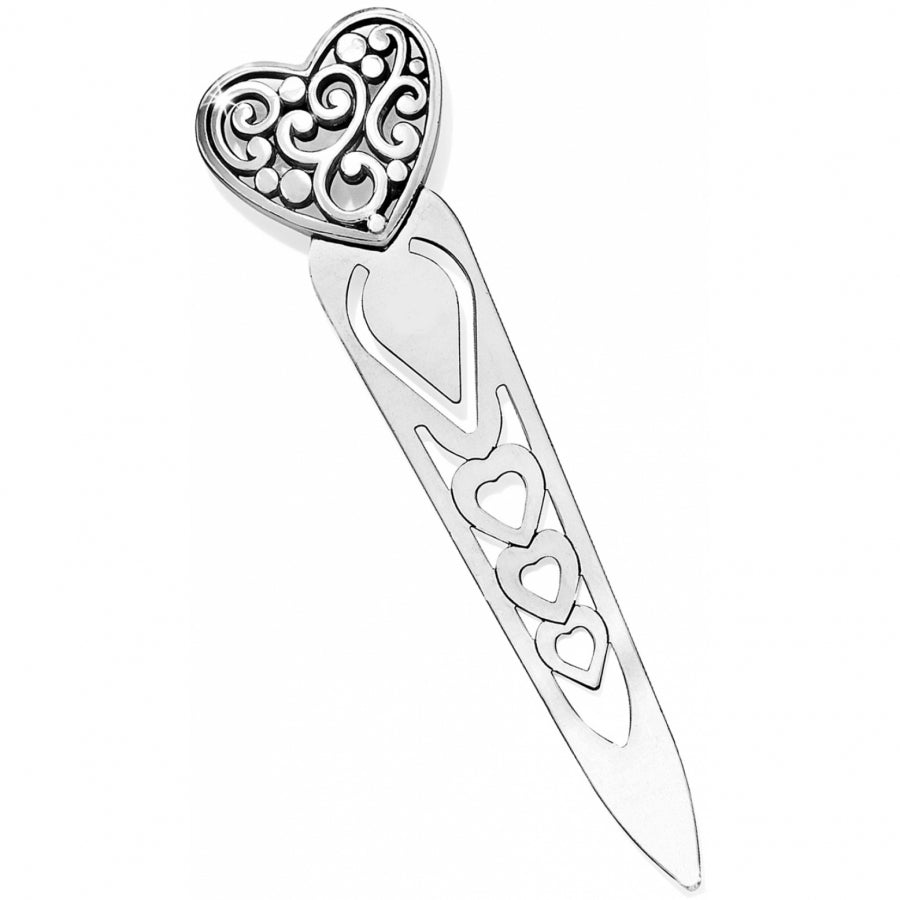 Silver plated heart-shaped bookmark with a contempo finish.
