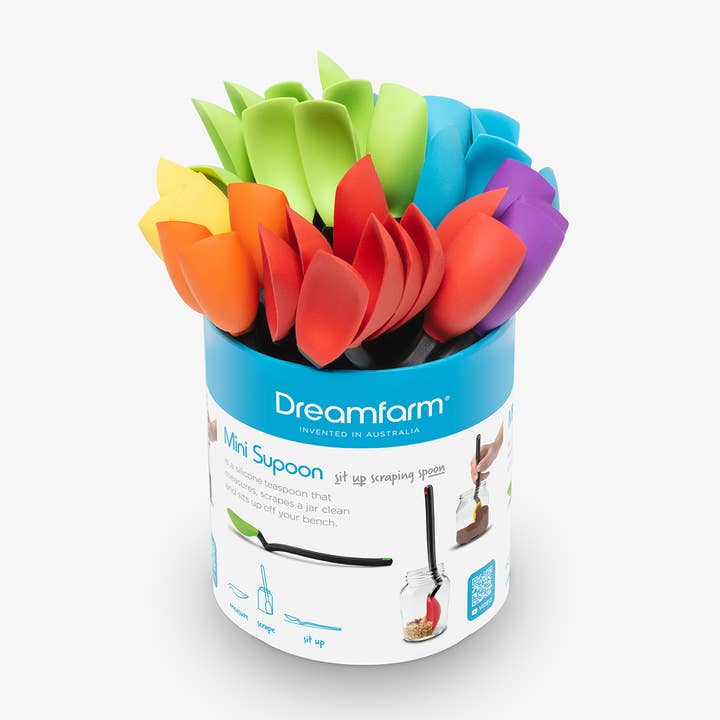 A container of colorful Mini Supoon scraping spoons in red, green, blue, orange, and purple.