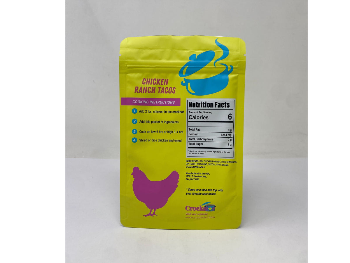 Open bag of Chicken Ranch Tacos seasoning mix with visible chicken powder and taco spices.