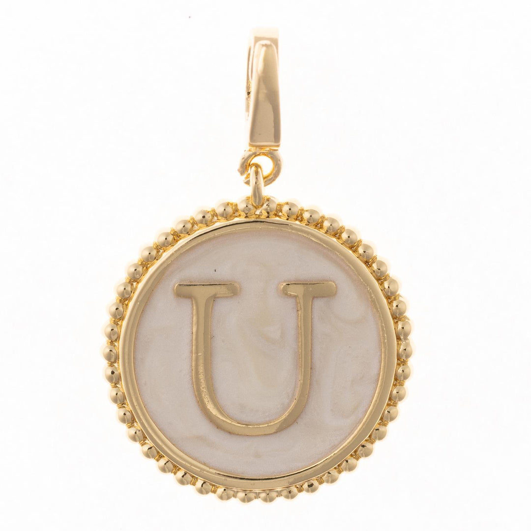 18k gold plated Madison Initial Charm with letter U and faux mother of pearl inlay.