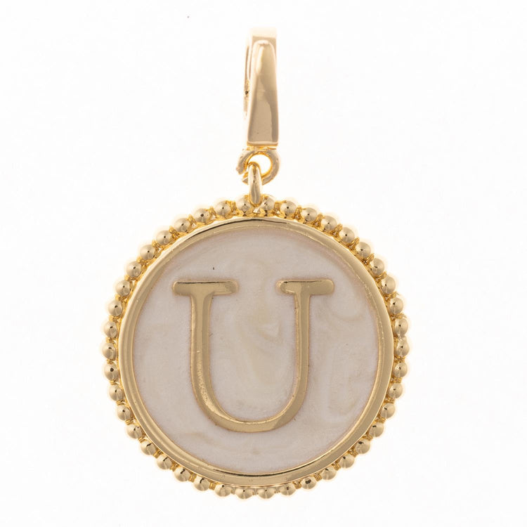 18k gold plated Madison Initial Charm with letter U and faux mother of pearl inlay.