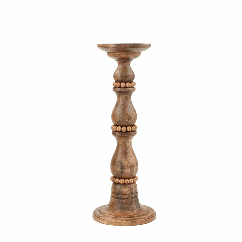 Small beaded mango wood candle stick holder with a natural finish.