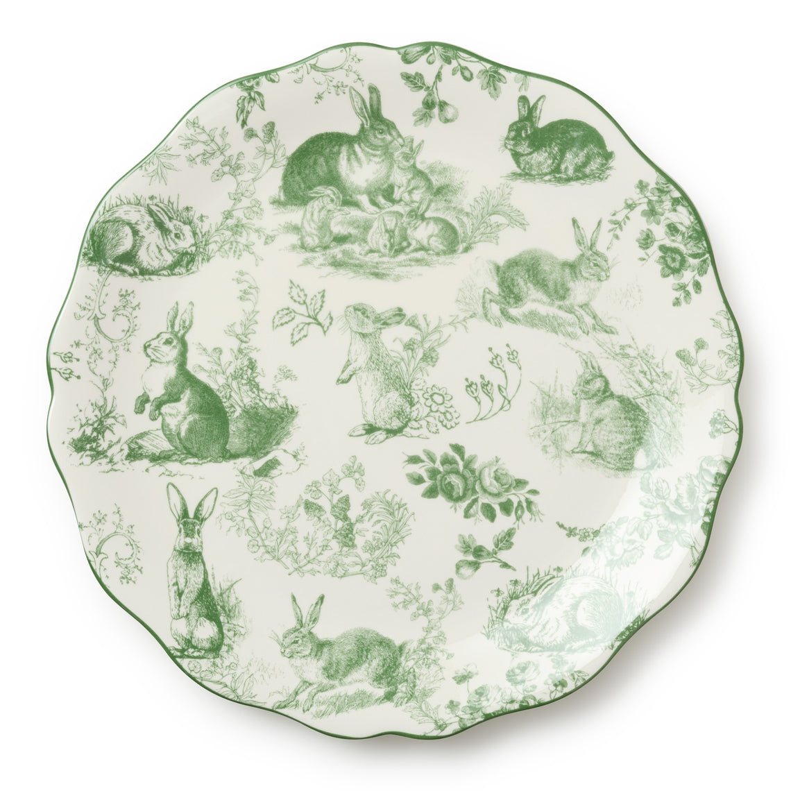 Round platter with scalloped rim featuring delicate green garden artwork on a high-gloss white finish.
