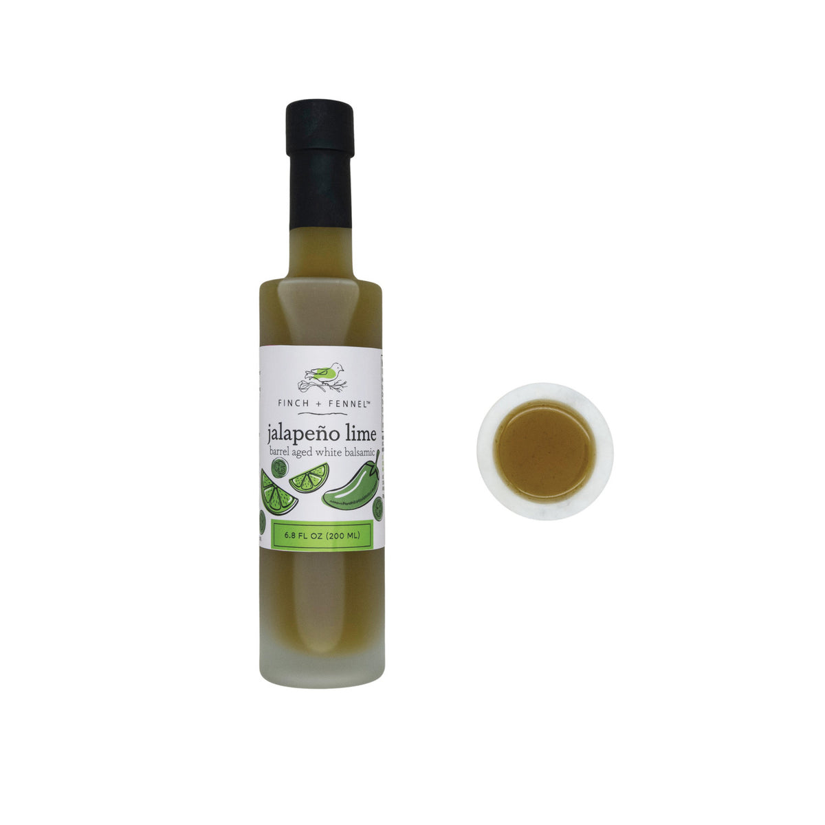 6.8 oz bottle of Jalapeño Lime Barrel Aged White Balsamic vinegar