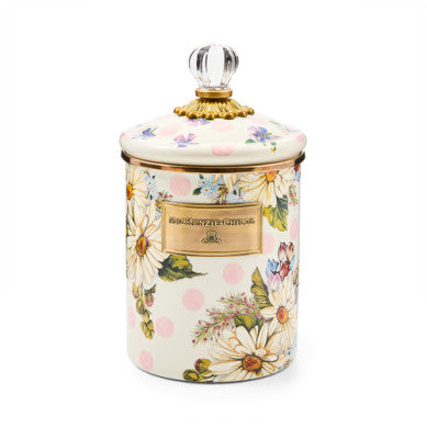 Pink wildflower canister with bronzed stainless steel rim on heavy-gauge hand-glazed steel body.