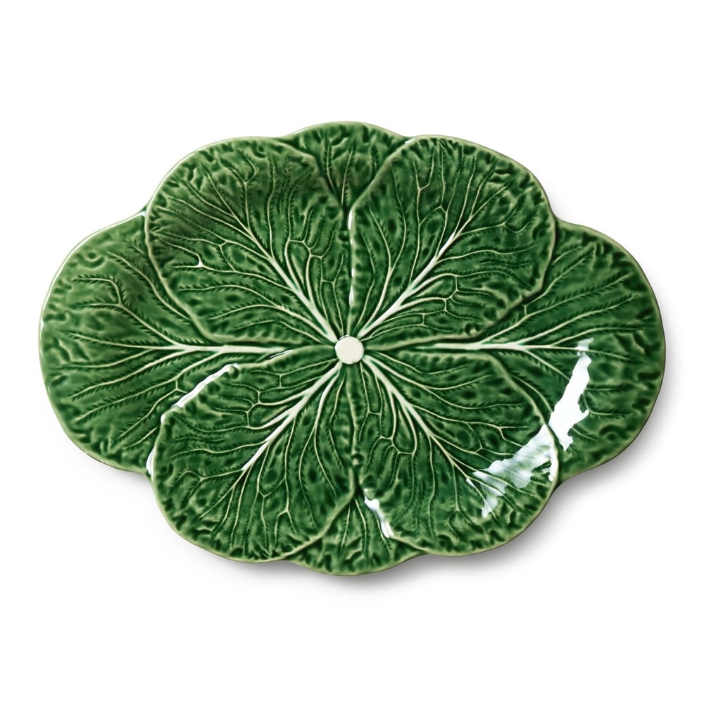 Glossy green stoneware oval platter with sculpted cabbage leaf texture and subtle rim grip details.