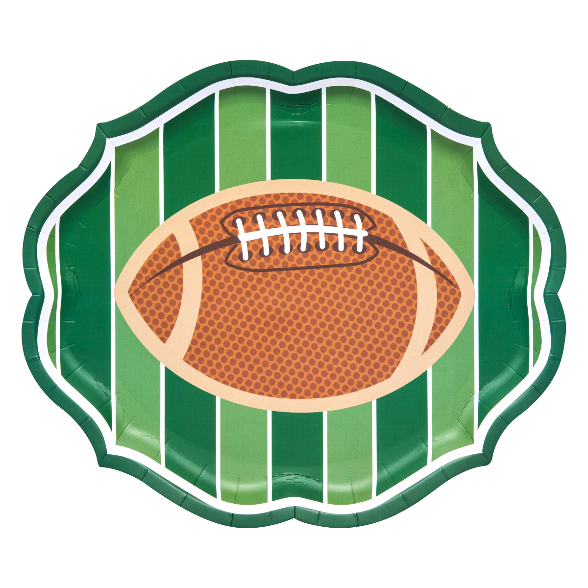 Football-shaped paper platter plate with a green field background and a brown football graphic.