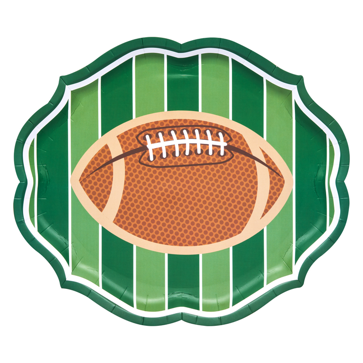Football-shaped paper platter plate with a green field background and a brown football graphic.