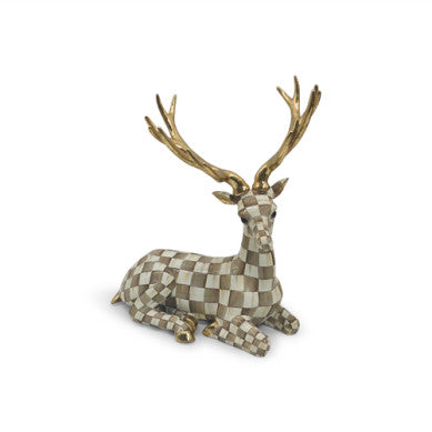 Mocha Check Resting Deer figurine with gold antlers and a brown and white checkered pattern.